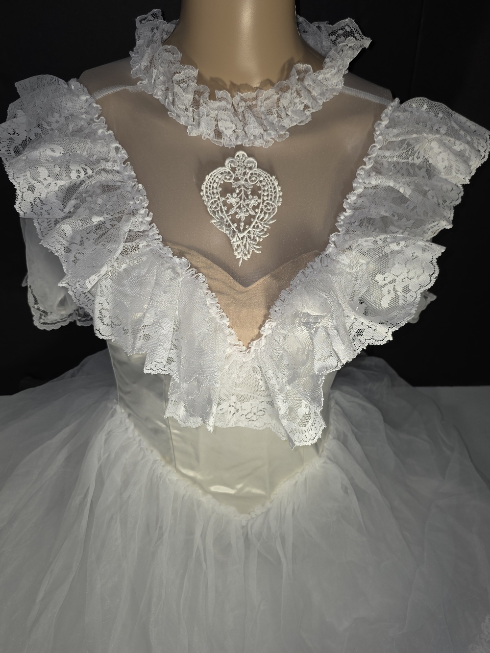 Vintage White Lace Ruffle Tulle Tuttu Sheer Heart Appliqué Ballerina Flower Girl